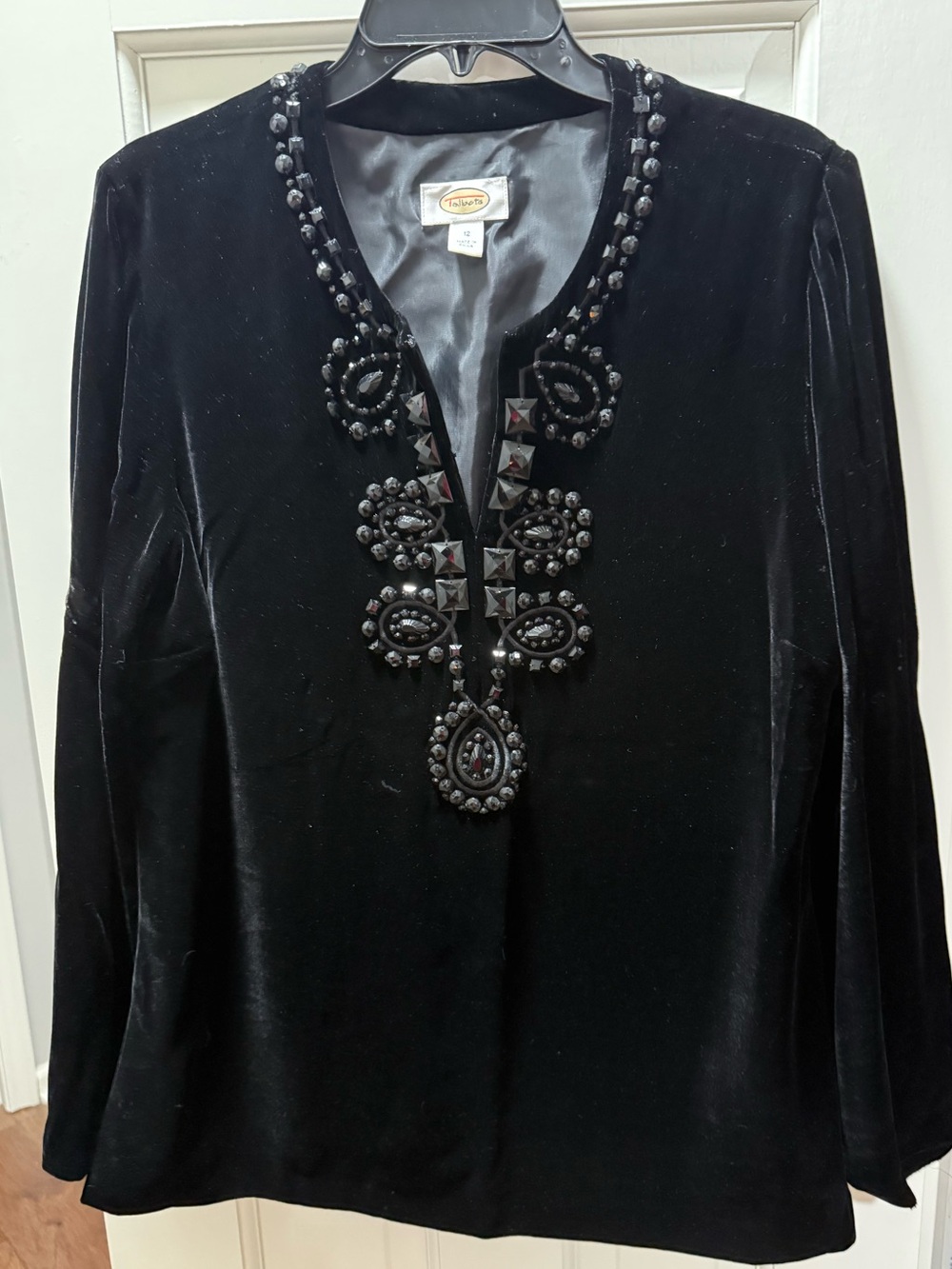 Talbots Black Velvet Tunic with Beaded V-Neck Embellishment